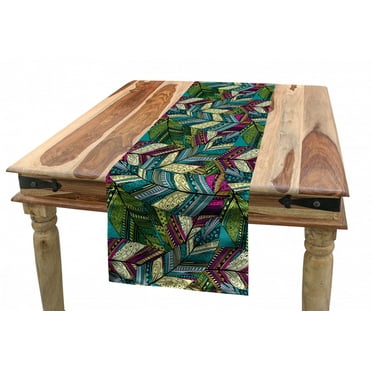 Abstract Table Runner, Exotic Feather Pattern Colorful Design Motifs Dots and Swirls Quills, Dining Room Kitchen Rectangular Runner, 3 Sizes, by Ambesonne