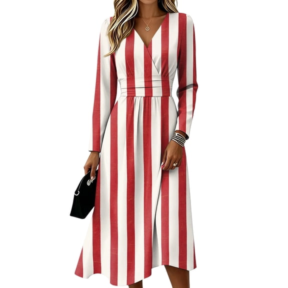 Womens Fall Spring Long Sleeve Midi Dress Long Sleeve V Neck Wrap Crossover Wedding Dresses Elegant Formal Floral a Line Dress