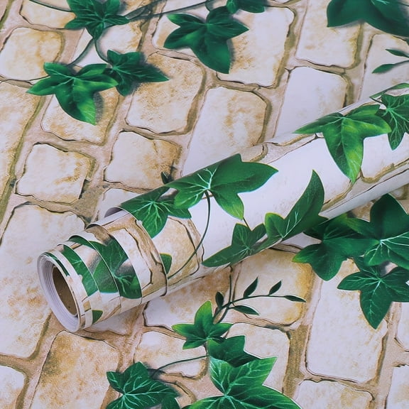 GYTY 1 Roll - Rustic Green Ivy & Brick Pattern Self-Adhesive Wallpaper - Waterproof, Stain Resistant, Easy to Clean - Ideal for Kitchen Cabinets, Tables, Chairs, Walls, and Room Makeovers