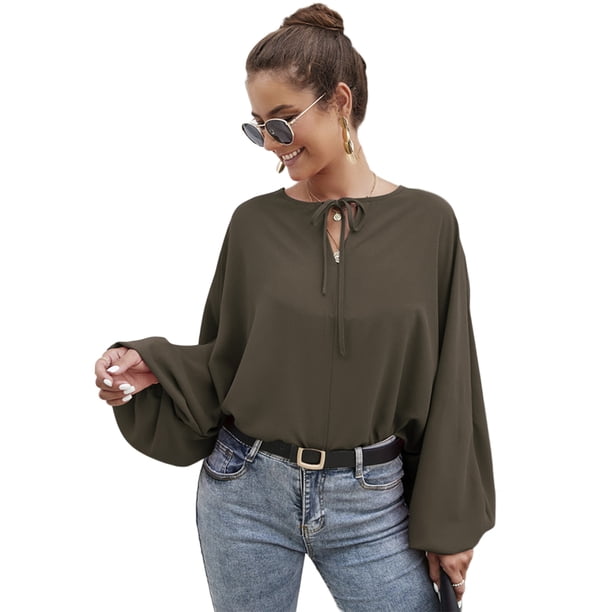 Las mujeres Batwing manga blusa atada O cuello camisas sueltas MABOTO Jerseys de mujer