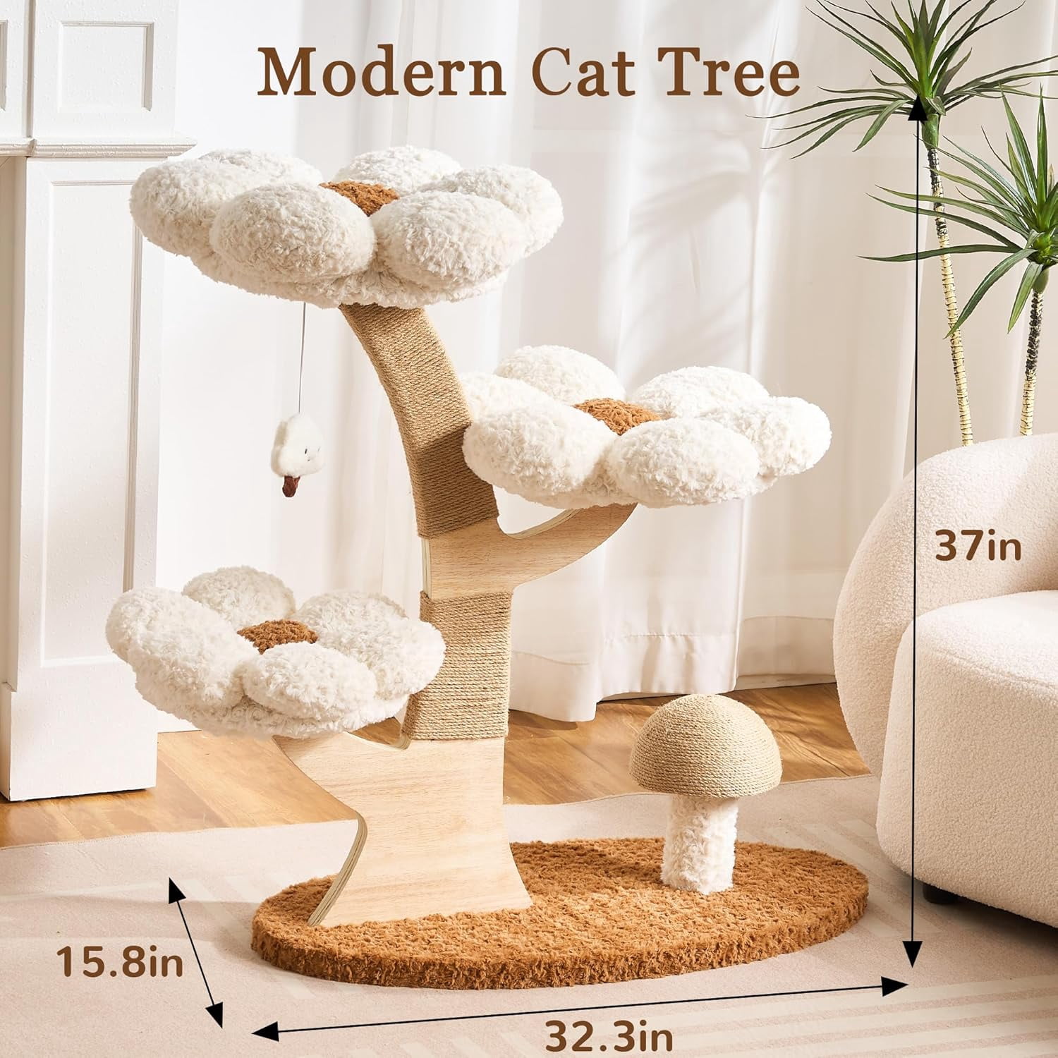 Modern Cat Tree Tower for Indoor Cats Large Adult, 37 inch Flower Cat Tree with Scratching Post, Luxury Aesthetic Cat Tree with Cloud-Soft Flower Perches and Physical Mouse-Sound Hanging Toy