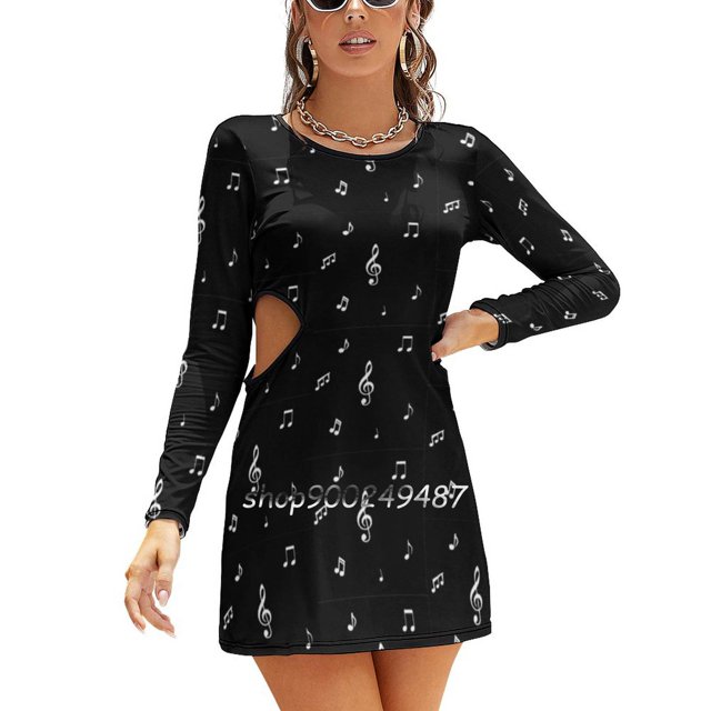 Music Notes Clef Pattern Sweet Elegant Dress Women Korean Kawaii Square Collar Dress Music Notes Clef Pattern