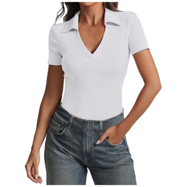Camiseta de punto de manga corta con canalé en color liso para mujer: prenda básica informal de corte ajustado para combinar con otras prendas