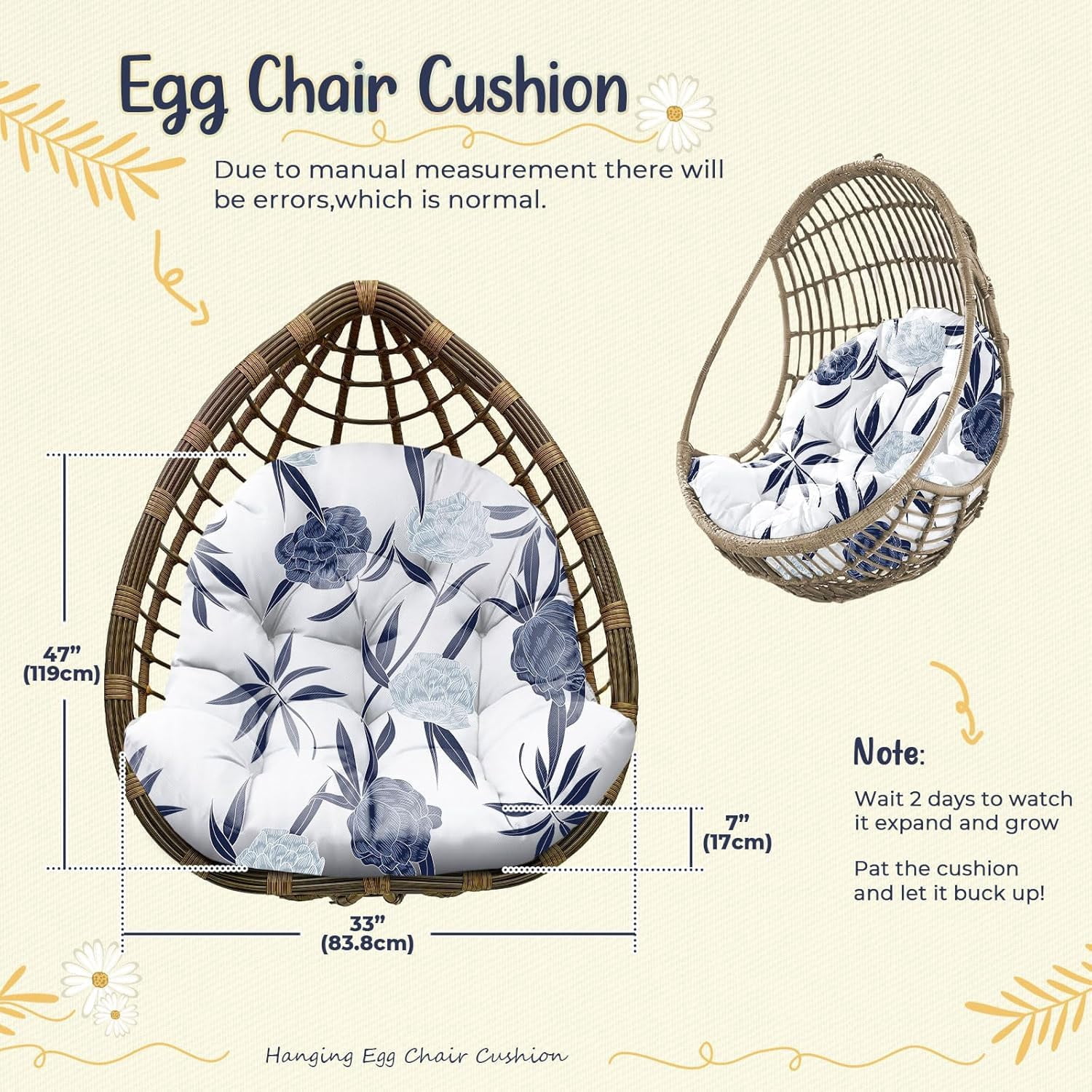 Waterproof Egg Chair Cushion Replacement Outdoor Hanging Egg Chair Cushion 47x35x7 Inches Thicken Couch Cushions with Ties, Blue Enchantress