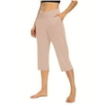 thumbnail image 2 of Ecqkame Women's Causal Capri Pants Solid Color Loose Soft Elastic Waist Workout Pants Yoga Sweatpants Lounge Thin Pants with Pockets Khaki-A M, 2 of 6