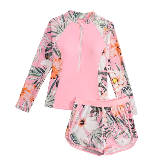Kids Girls Swimsuit Rash Guard Sets 2-Piece Bathing Suits with Half Zip Summer Kids Swimwear 7-14Y