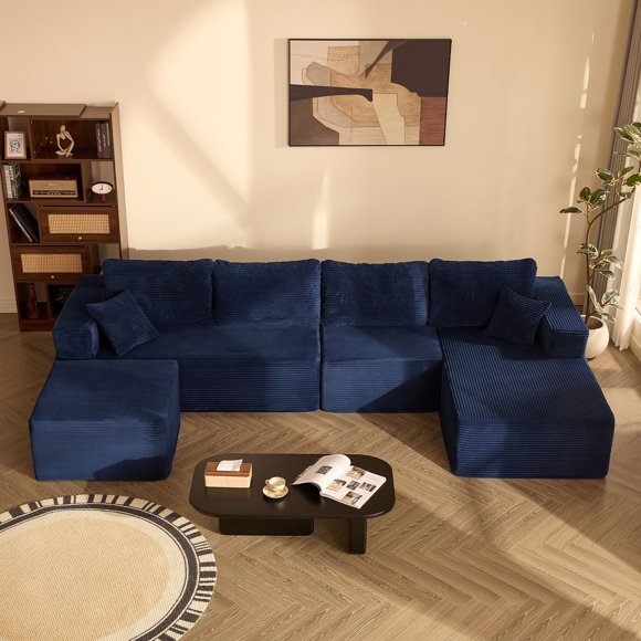 BIGSYY 138" Boneless Couch with Deep Seat, Modular Sectional Sofa, Cloud Sectional Couch for Living Room, No Assembly Required, Corduroy, U-Shape 4 Seater Right, Blue