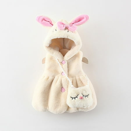 Generic Clothing Clearance Children s Coat Casual Long Girls Winter Rabbit Ears Hooded Sleeveless Vest Button Jacket Loose Hem with Cartoon Crossbody Bag for Soft Comfortable(12-18 Months White)