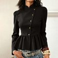 thumbnail image 2 of JIAYUE Women Cardigan Stand Collar Solid Color Long Sleeve Peplum Jacket Button Front Puff Shoulder Tops For Fall Daily Wear, 2 of 8