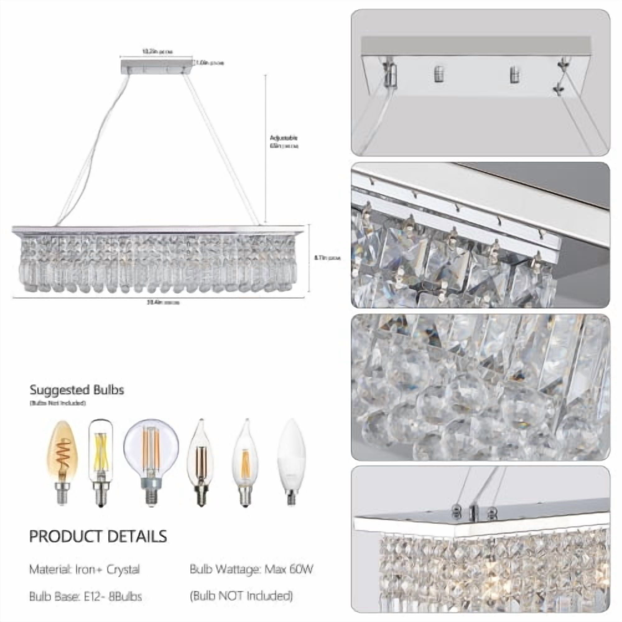 ACE-LIGHTS,Modern Crystal Chandelier,8-Light Chrome Rectangle Raindrop Chandelier(Bulb Not Included),Contemporary Rectangular Pendant Light Fixture for Living Room,Dining Room,Kitchen,Bedroom(Chrome)