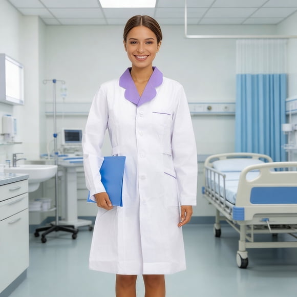 Elegant Ensemble Classic Laboratory Coat with Notched Collar and Slanted Pockets for Daily Wear and Environments