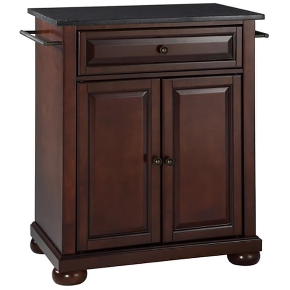 ALEXANDRIA SOLID BLACK GRANITE TOP PORTABLE KITCHEN ISLAND IN VINTAGE MAHOGANY FINISH
