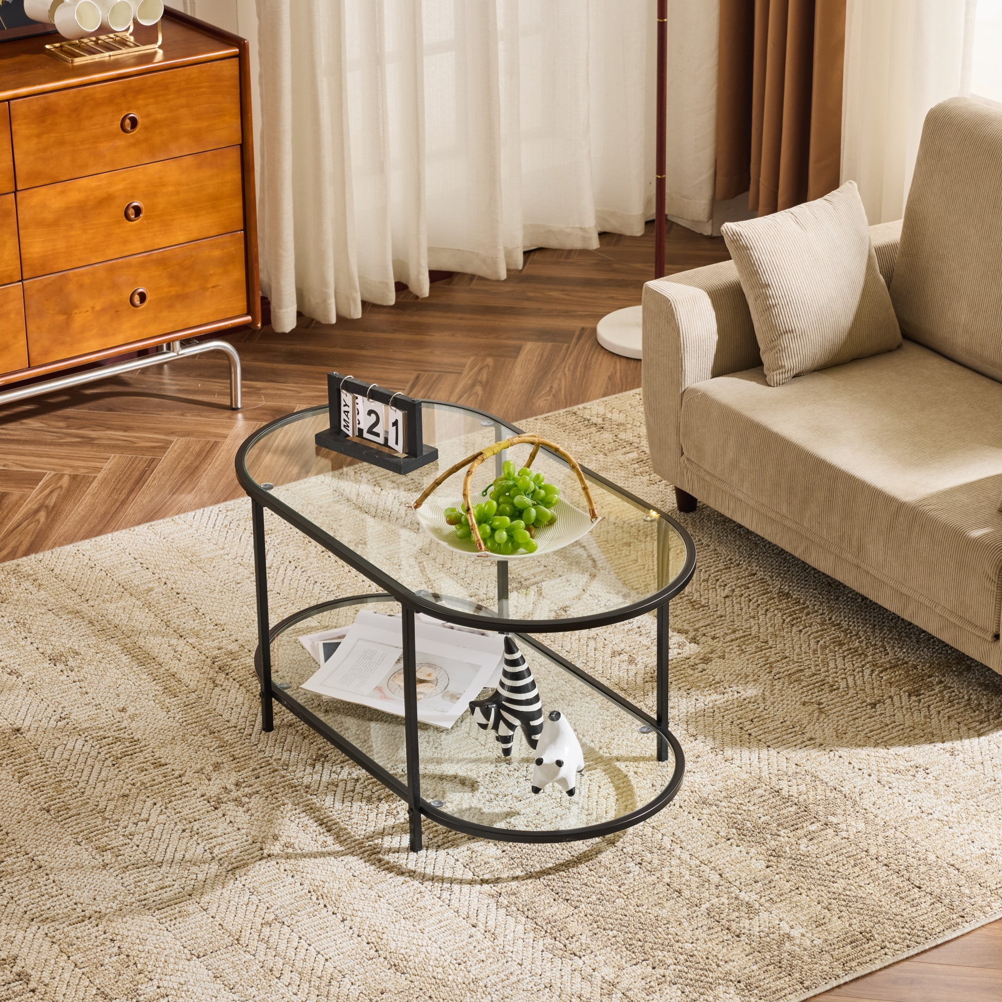 Ktaxon Rustic Coffee Table, Transparent Glass 2-Tier Oval Vintage Minimalist Design Center Table Rust Resistant Narrow Table for Living Room, Black