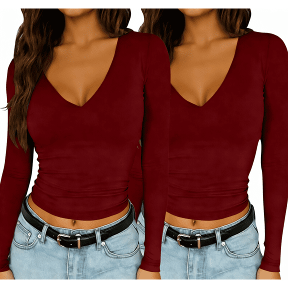 Maean V Neck Tops for Women Long Sleeve Tight Tee Basic Slim Shirts Business Casual Work Top 2 Pack