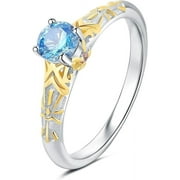 925 Sterling Silver Zelda Inspired 14K Two Tone Gold Plated Silver Simulated Round Blue Topaz Engagement Ring