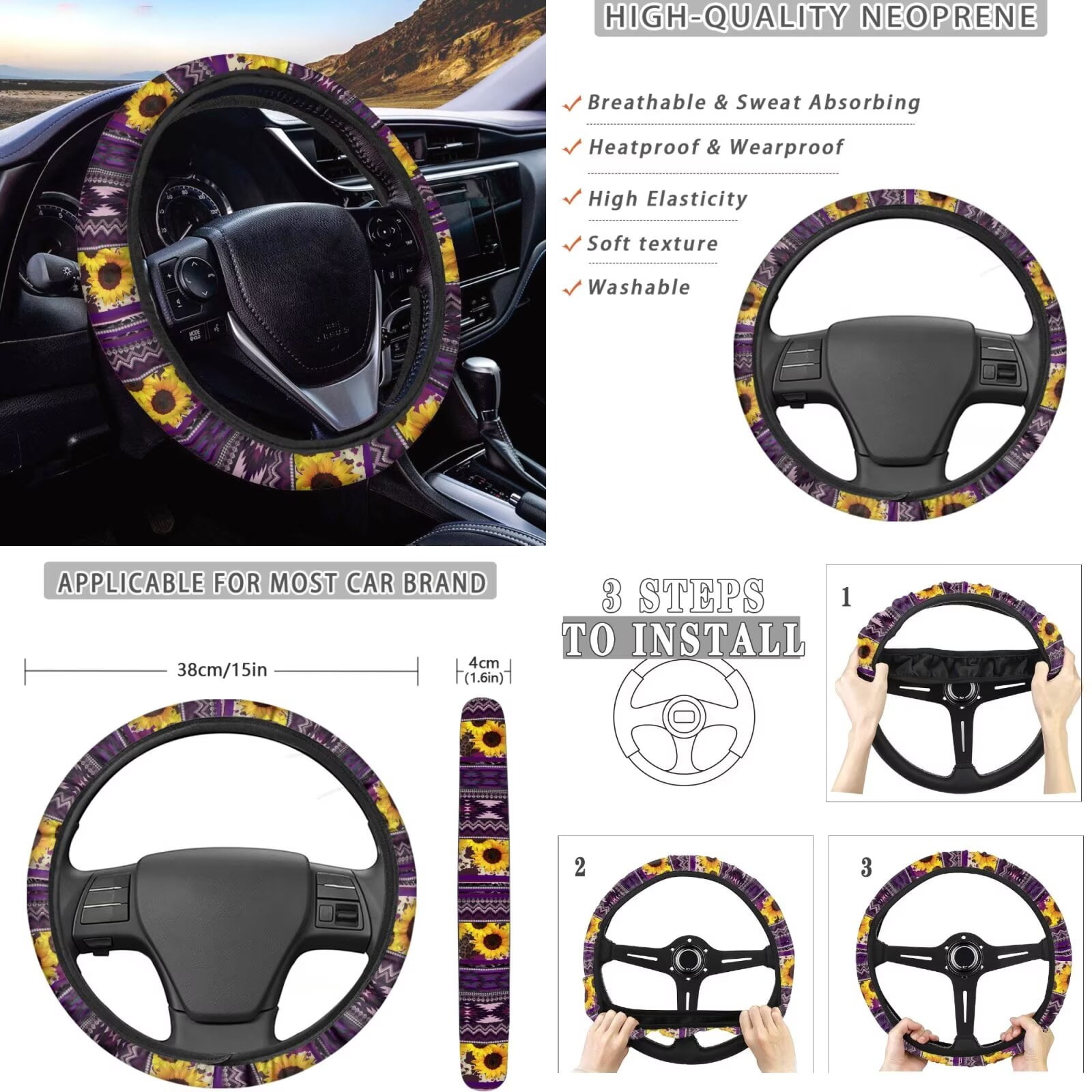 Garronmavis Purple Aztec Sunflower Universal Car Seat Covers Full Set for Steering Wheel Wrap Gear Shift Cover Handbrake Sleeve Headrest Protectors Cup Coasters Super Breathable Car Seat Cushion