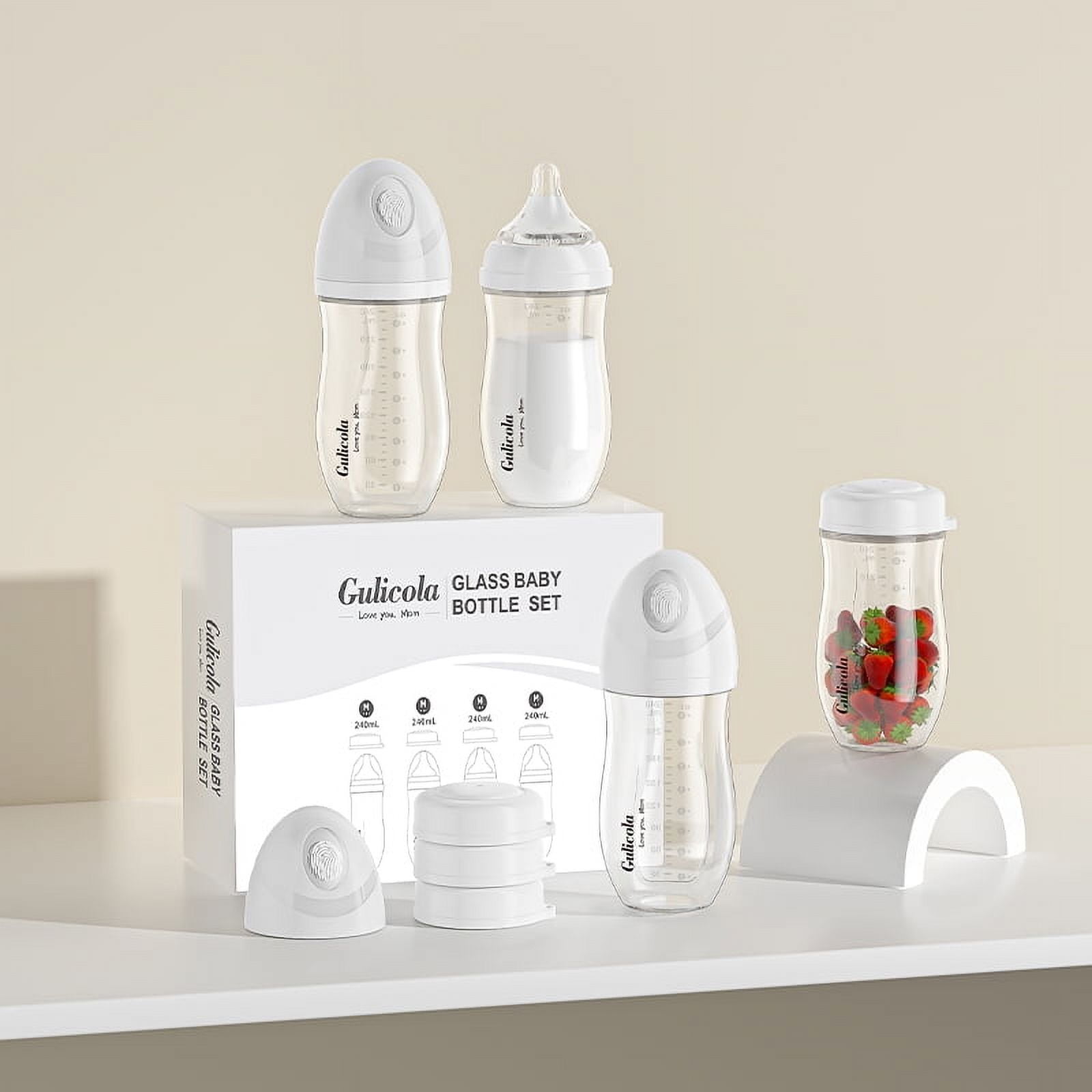 Gulicola Natural Glass Baby Bottle 4 Pack, Newborn Breastfeeding Bottles Set, Extra Slow Flow Nipples (SS), Anti Colic, 0 Months+, 5 oz