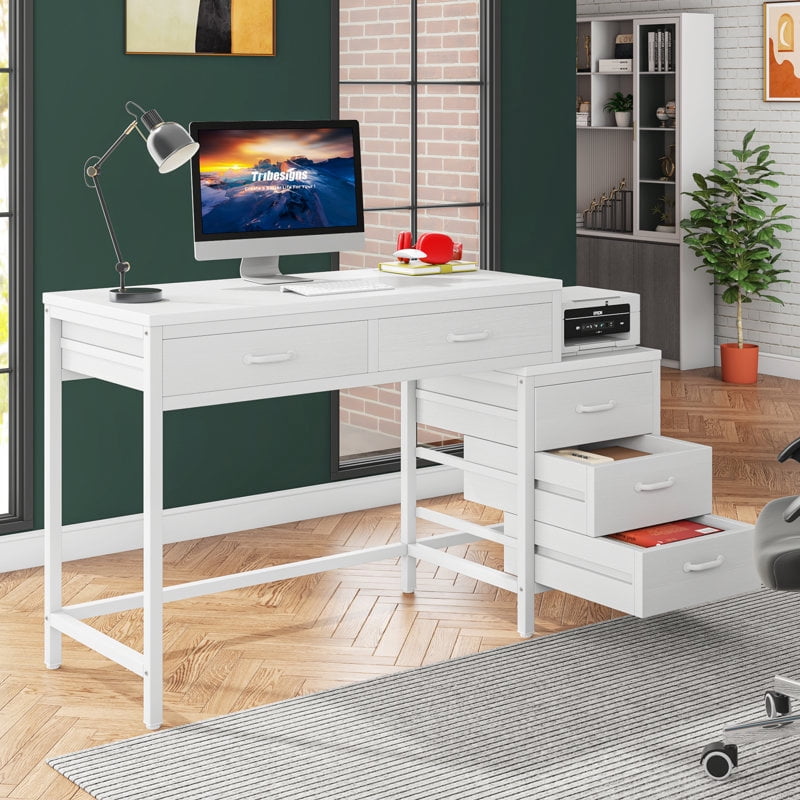 Tribesigns Computer Desk with 5 Drawers, Home Office Desks with Reversible Drawer Cabinet Printer Stand, Industrial PC Desk with Storage, Rustic Study Writing Table Workstation for Small Spaces
