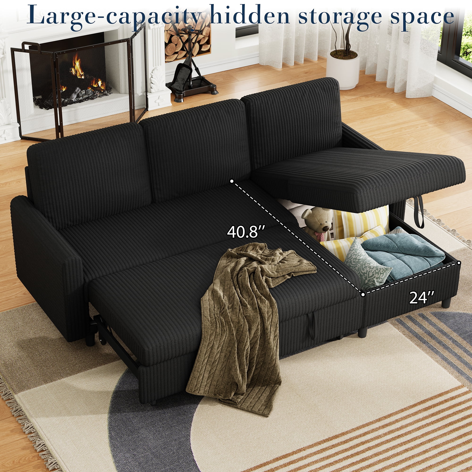 Walsunny Pull Out Sectional Sleeper Sofa Bed L Shape Couches with Reversible Storage Chaise for Living Rooms Small Rooms Apartment,Black