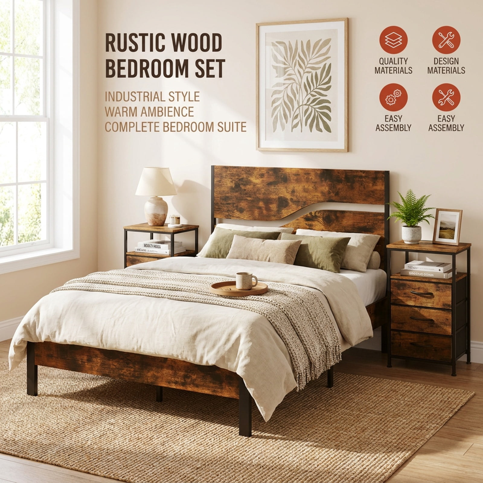 Furnibear Nightstand with Charging Station 27.5 inch Modern Bedside Table with 3 Fabric Drawers for Bedroom Living Room Bedside Sofa, Rustic Brown
