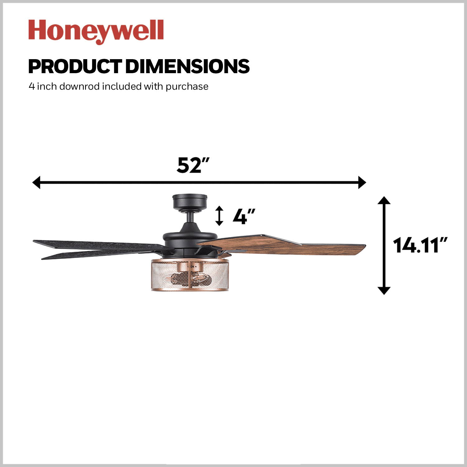 Honeywell Carnegie 52" Matte Black and Copper Ceiling Fan with Lights and Remote Control