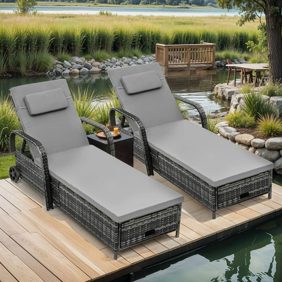 Uforic Wicker Chaise Lounge, 5-Position Lounger with Storage, Cushion, and Wheels, Gradient Gray, 1 Pcs