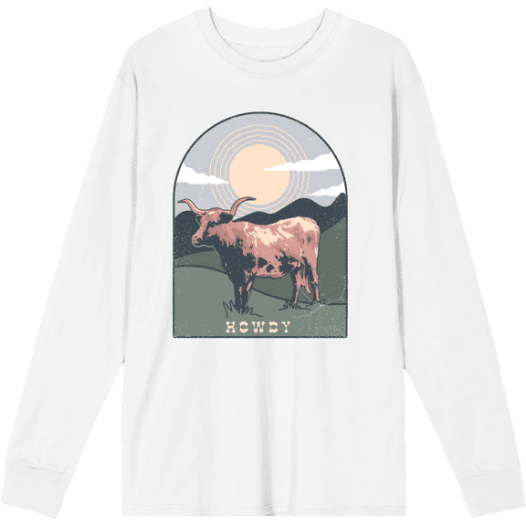 Western Howdy Cow Crew Neck Long Sleeve Adult Tee
-XXL-White