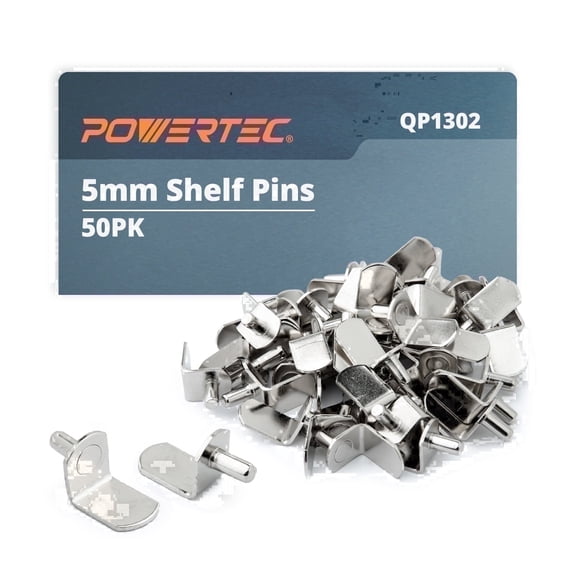 POWERTEC 50PK 5mm Shelf Pegs, L-Shaped Bracket Shelf Pins Support Pegs for Shelves, Kitchen Cabinet Shelf, Bookshelf, Closet and Furniture, Nickel Plated Shelf Holders Pegs (QP1302)