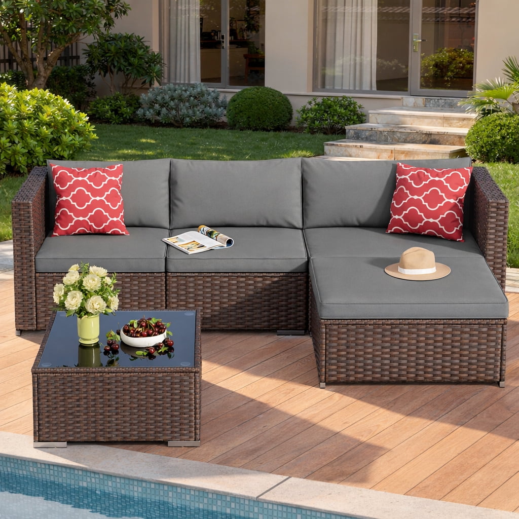 Aiho All-Weather 5 Pieces Outdoor Sectional Sofa with PE Rattan, Outdoor Patio Furniture Set with Soft Cushions and Coffee Table, For Backyard, Porch, Balcony, Poolside, Garden, Patio-Gray