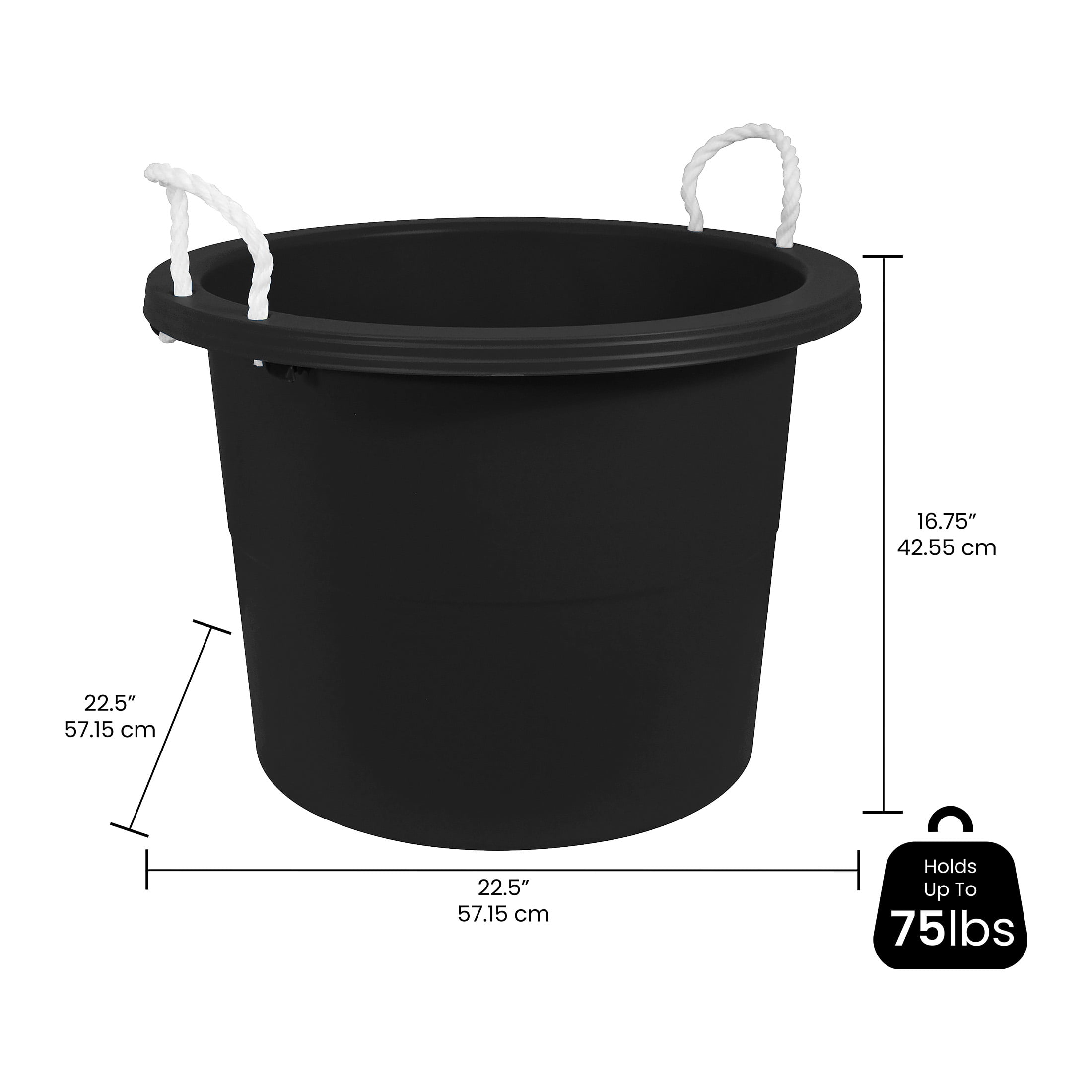 17.8 Gallon Black Plastic Utility Bucket with Rope Handles for Multipurpose Use