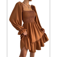 thumbnail image 2 of Women's Square Neck Lantern Long Sleeve Ruffle Shirred Flowy Party Mini Dress Light Brown M, 2 of 10