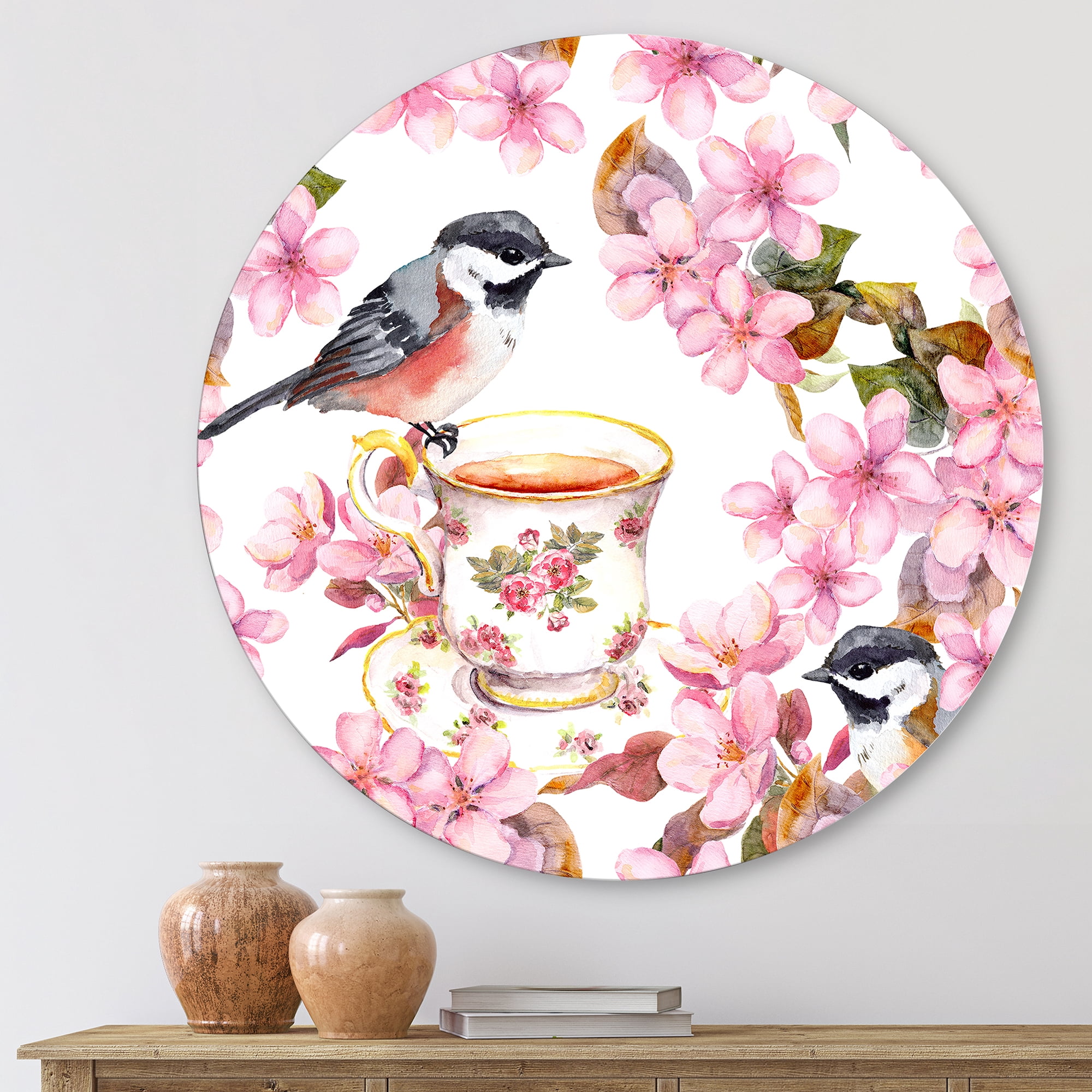 Designart 'Tea Cup Birds and Pink Flowers' Traditional Circle Metal Wall Art 23x23 - Disc of 23