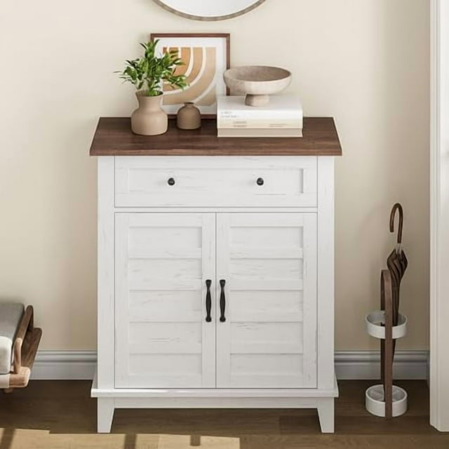 Ourlova Rustic Storage Cabinet 31.5 in – Adjustable 3-Tier Farmhouse Entryway Organizer with Slatted Doors, Waterproof Design for Kitchen & Dining Room