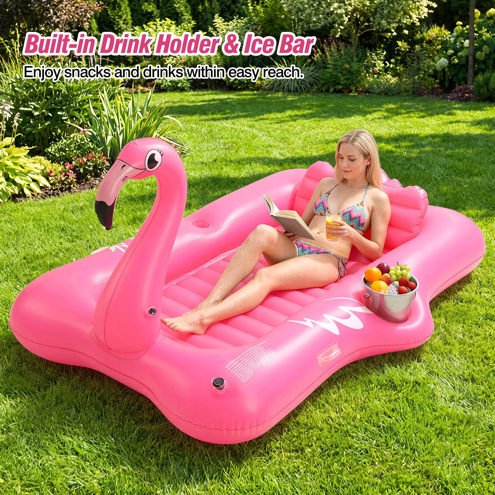 MoKo Flamingo Inflatable Tanning Pool Lounger, 83x50 Inch Blow Up Tanning Bed with Pillow & Cup & Snack Holder, Layout Sunbathing Pool Floats for Backyard Lake Beach River Party, Magenta