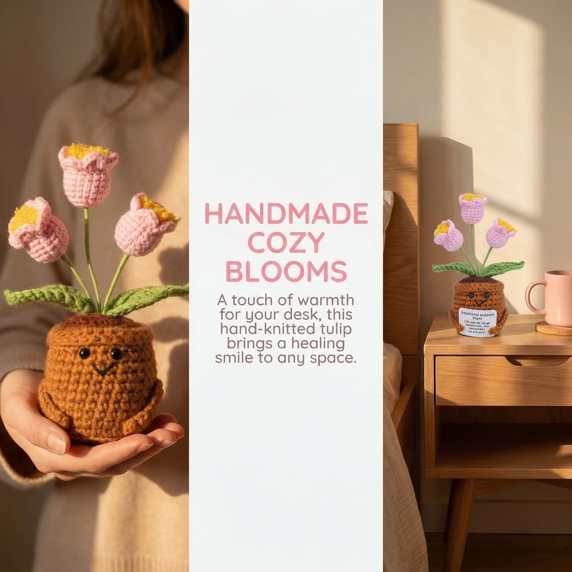 Unique Bargains 2Pcs Handmade Crochet Lily Knitted Potted Plant Pink 4.3in