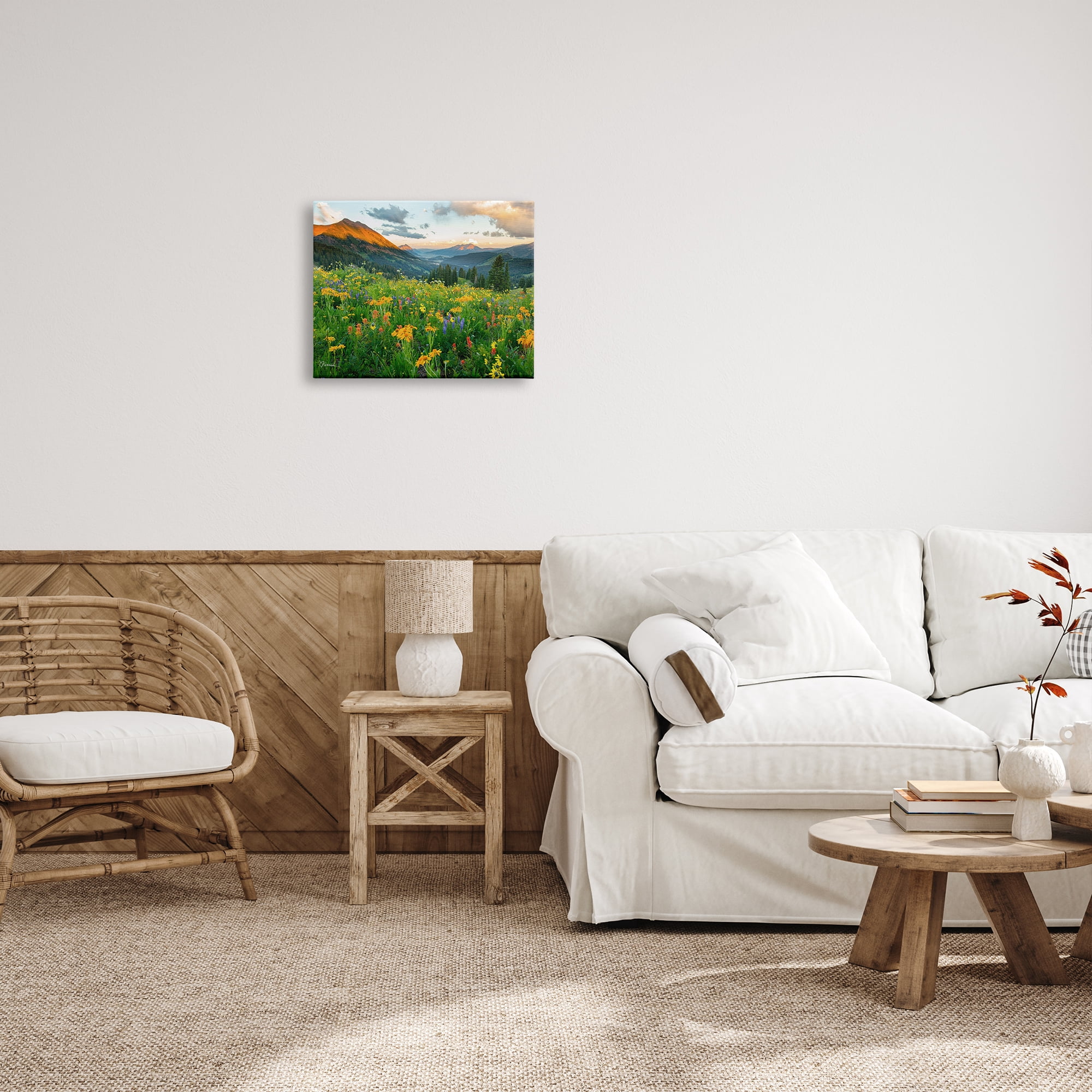 Stupell Indtries Open Wildflower Fields Cloudy Sunrise Mountain Landscape,20 x 16,Design by J.C. Leacock