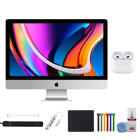 Restored 2020 Apple iMac with Retina 5K Display (27-inch, 8GB RAM, 512GB SSD Storage) + 4 Port Usb Hub + USB Adapter + Cleaning Kit + Mouse Pad + Cable Ties + Apple Airpods (Refurbished)