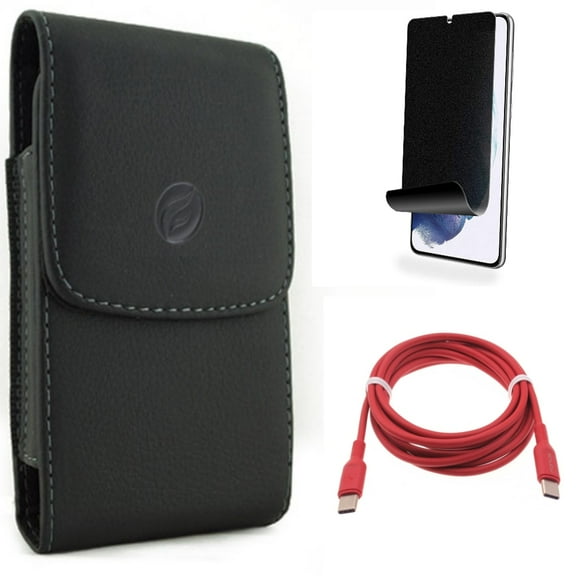 For Samsung Galaxy S21 (6.2") - [Fingerprint Works] TPU Film Privacy Screen Protector   PD Fast Charger USB-C to Type-C Red 6ft Long Cable   Holster Leather Case Belt Clip