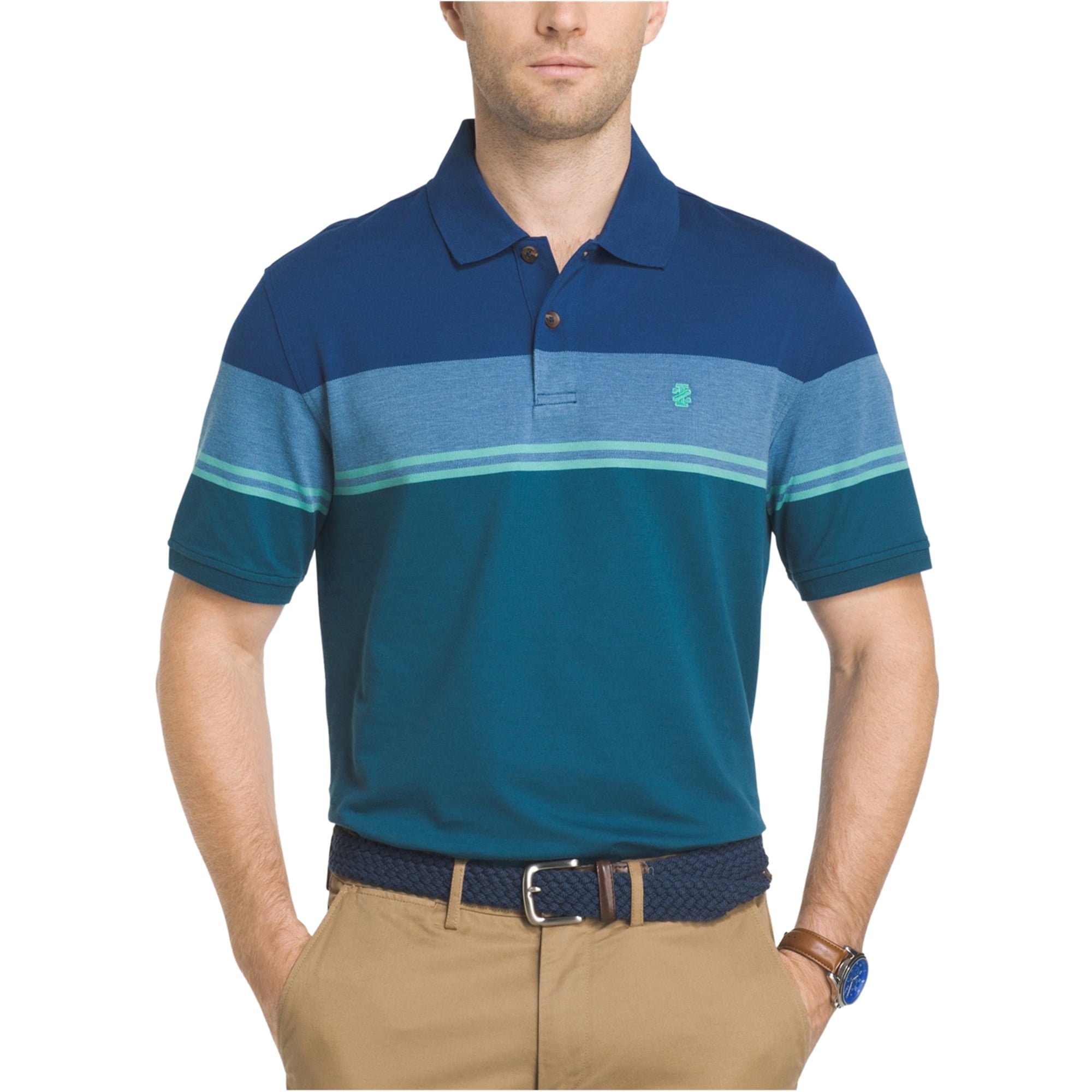 IZOD - IZOD Mens Performance Upf 15+ Rugby Polo Shirt, Blue, Large 