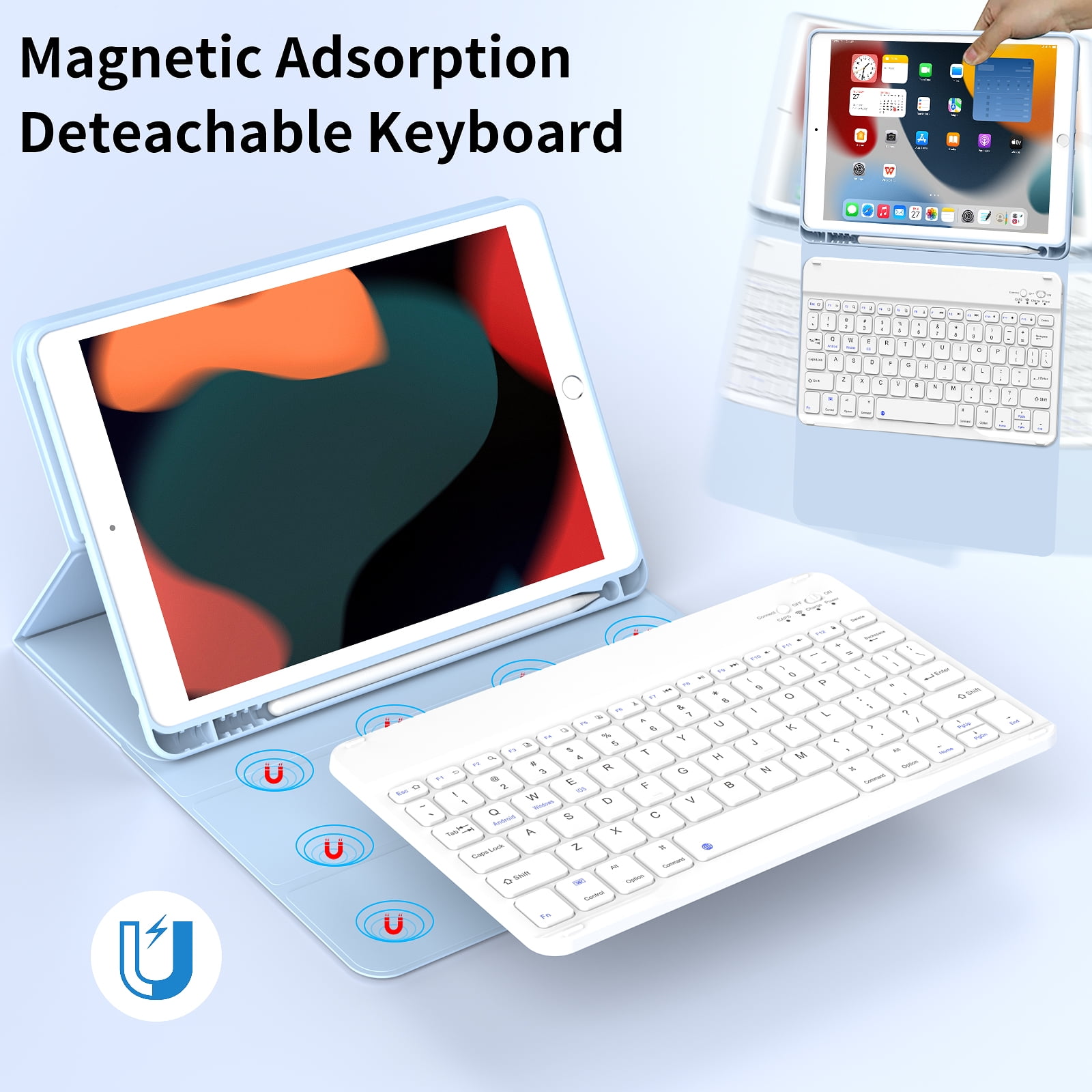 SZPSGC Keyboard Case for ipad 10.2" 9th/8th/7th Gen,Wireless Magnetic Detachable Keyboard for iPad 9th/8th/7th, with Built-in Pencil Holder, Blue