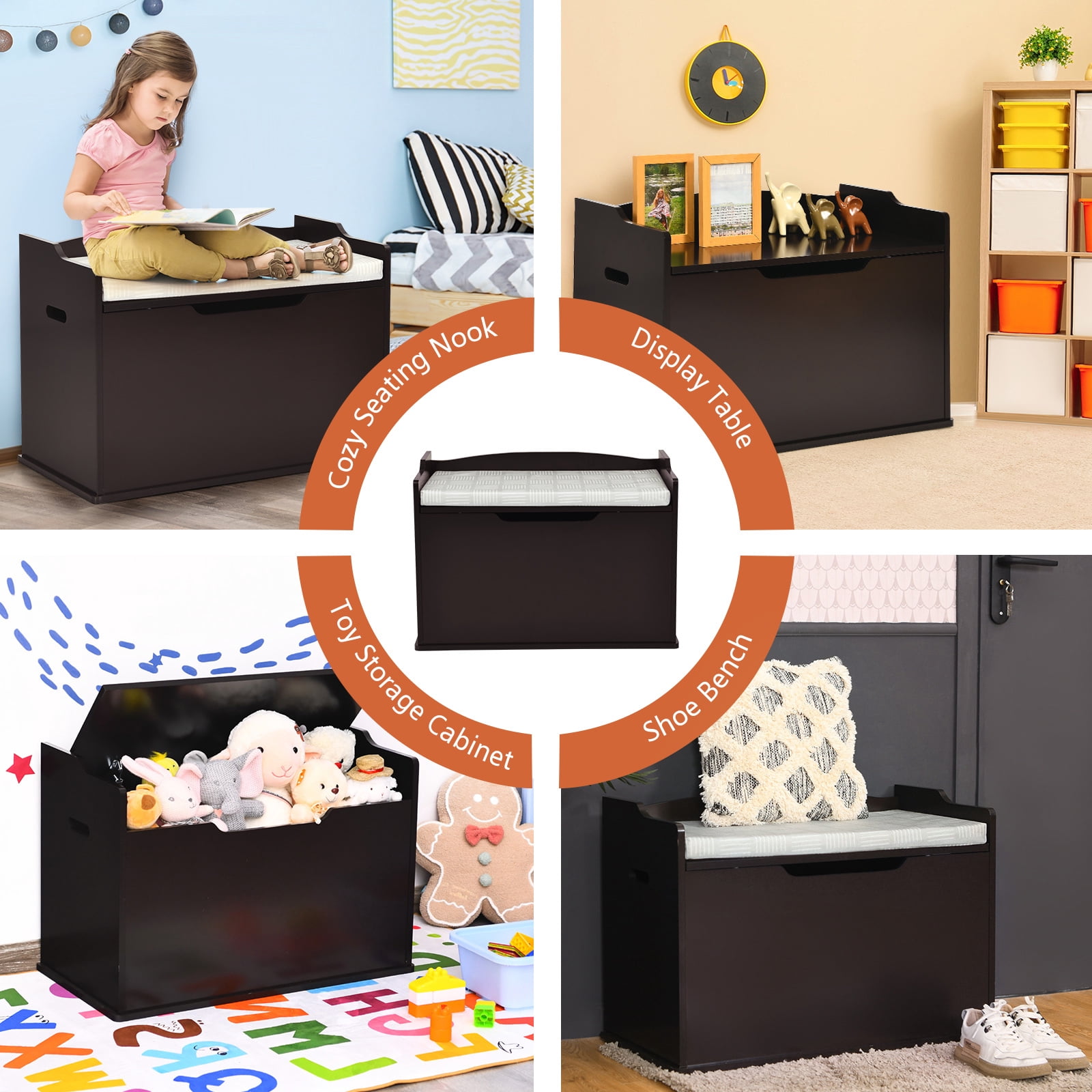 Infans Kids Toy Box Wooden Flip-top Storage Chest Bench W/ Cushion Safety Hinge