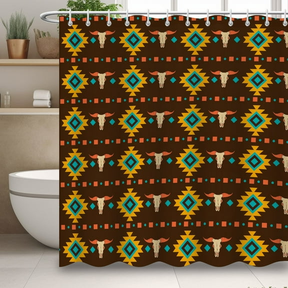 Boho Shower Curtain, Bull Head Print Shower Curtain, Simple Bathroom Decor with 12 Hooks