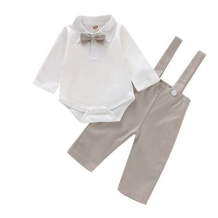 

KIMI BEAR Newborn Boys Romper Set 3 Months Boy Fall Winter Clothes 6 Months Boy Little Gentlemen Style Lapel Long Sleeve Jumpsuit Suspender Pants 2PCs Set Gray