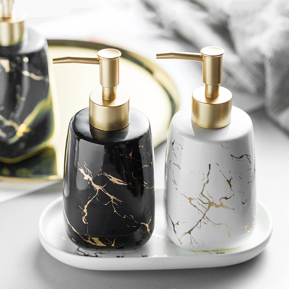 4 Pcs Bathroom Soap Dispenser Set Marble Bathroom Accessories Set Ceramic Bathroom Accessories Complete Set Vanity Countertop Accessory Set- 1 Soap Dispenser, 2 Tumblers, 1 Soap Dish, Glossy White