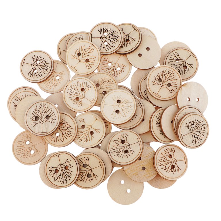 50pcs Assorted Design Wooden Buttons for Crafts Scrapbooking or Sewing -  Engraved Tree Pattern 