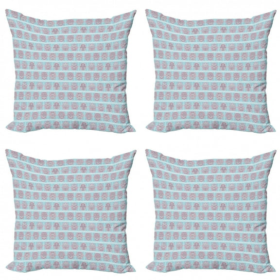 Oriental Throw Pillow Cushion Case Pack of 4, Themed Pastel Pattern with Oriental Mehndi Hand Mandala, Modern Accent Double-Sided Print, 4 Sizes, Pale Blue Multicolor, by Ambesonne