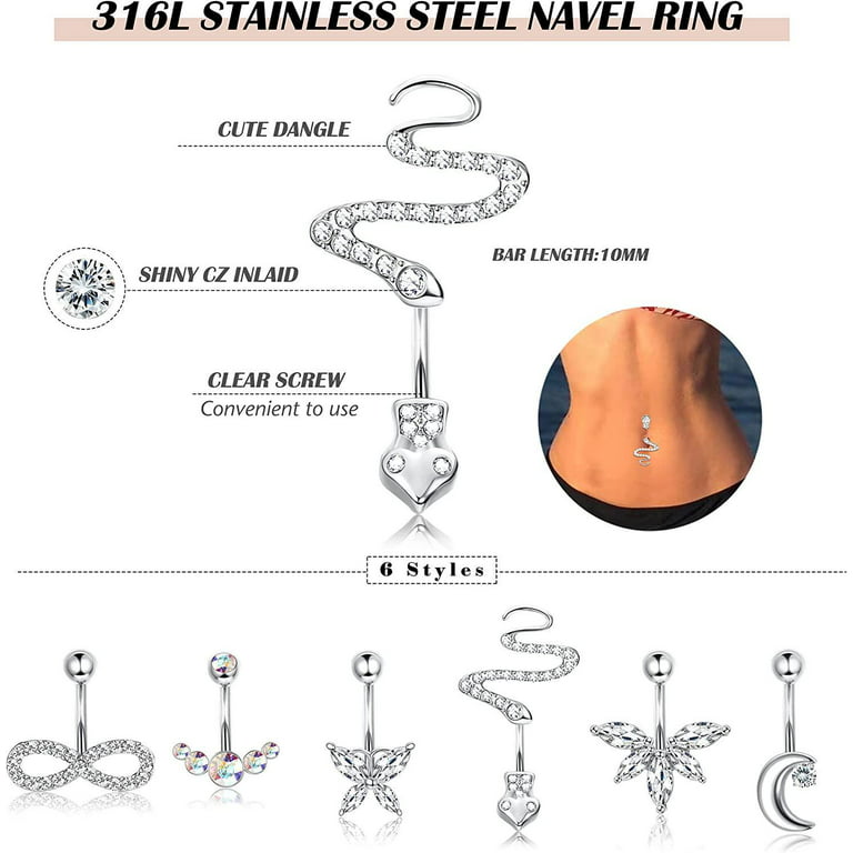 6Pcs 14G Belly Button Rings Dangle for Women Surgical Steel Navel Rings  Body Piercing Jewelry 