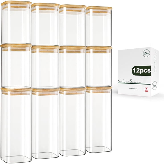 12-Pack Square Glass Storage Jars with Bamboo Lids (0.6Qt/1.06Qt) - Stackable Food Containers for Pantry Organization, Coffee, Flour, Snacks, Tea | Kitchen Canisters Set