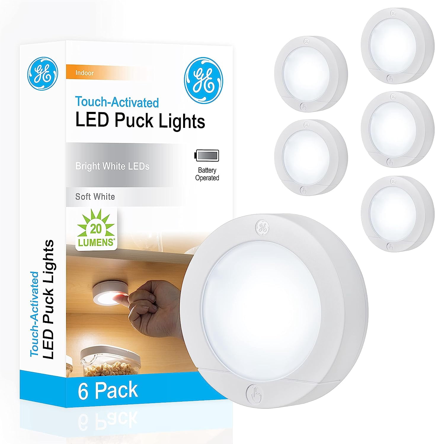 PYYAN-Wireless LED Puck Lights, Battery Operated, 20 Lumens, Touch Light, Tap Light, Stick On Lights, Under Cabinet Lighting, Ideal for Kitchen Cabinets, Closets, Garage, 6 Pack, 45994