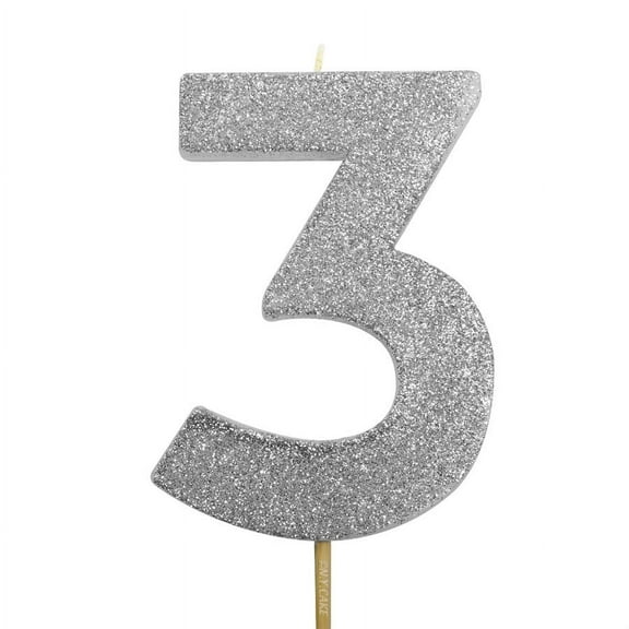 Silver Glitter Number 3 Candle 4"